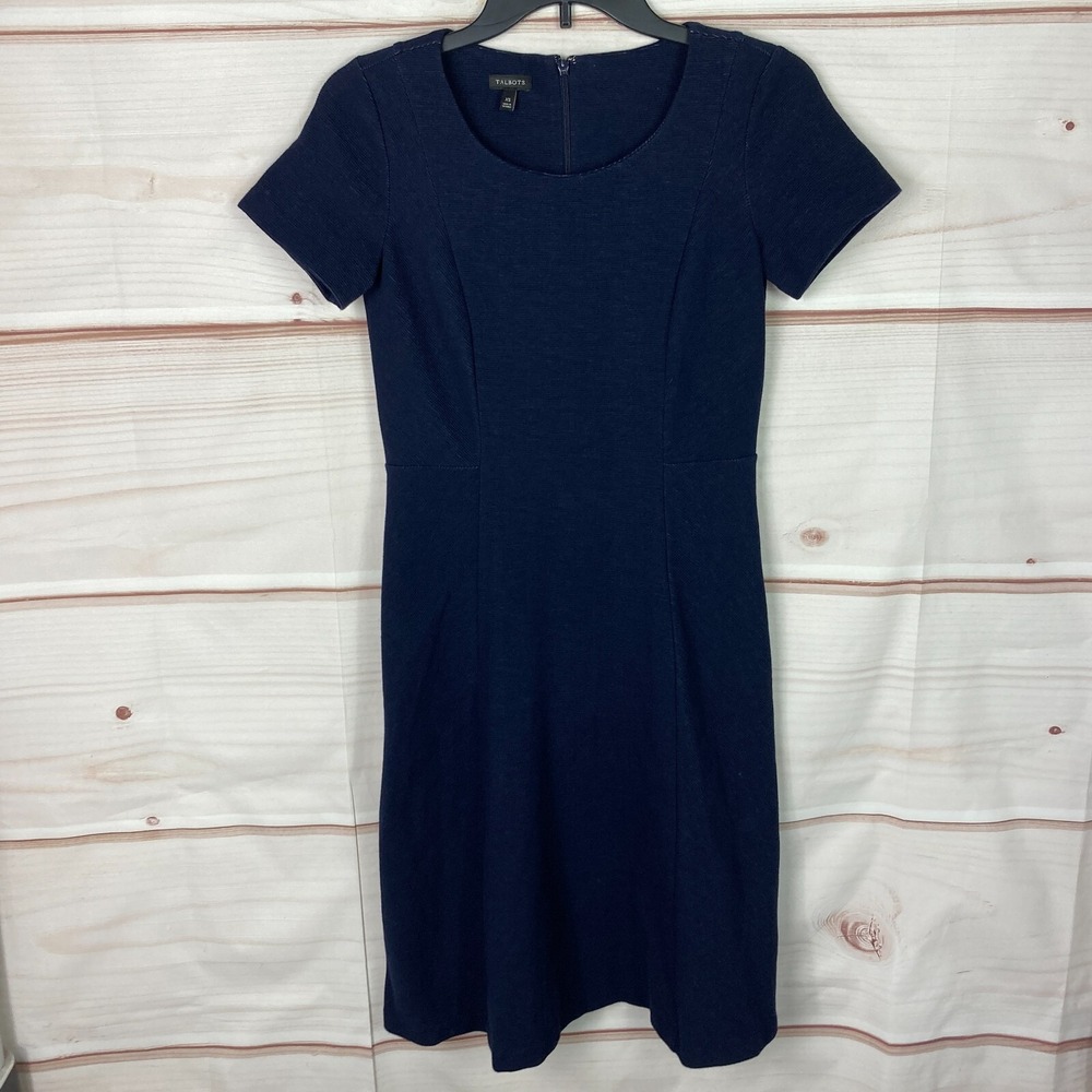 Talbots Dress Womens XS Blue Ribbed Fit And Flare Knit Round Neck Short Sleeve